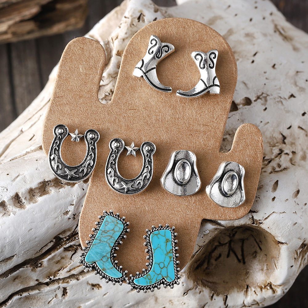 Wholesale Style Fashionable Cool Style Boots Hat Earrings Turquoise Cactus Four-piece suit Women